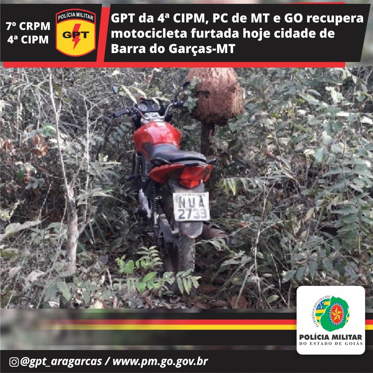 Moto Roubada recuperada pela GPT Aragarças